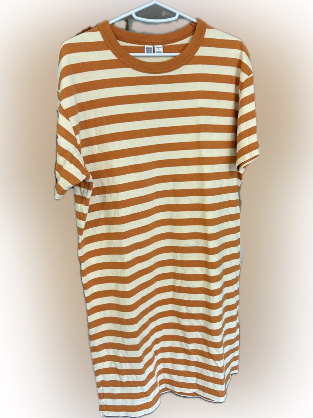 Uniqlo Short-Sleeve Striped Tee Dress in Cream and Orange-Brown